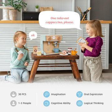 OOOK 2-in-1 Toy Coffee Maker, Kids Wooden Coffee Maker Playset, Toddler Pretend Play Kitchen Food Small Coffee Shop with 28 Pcs