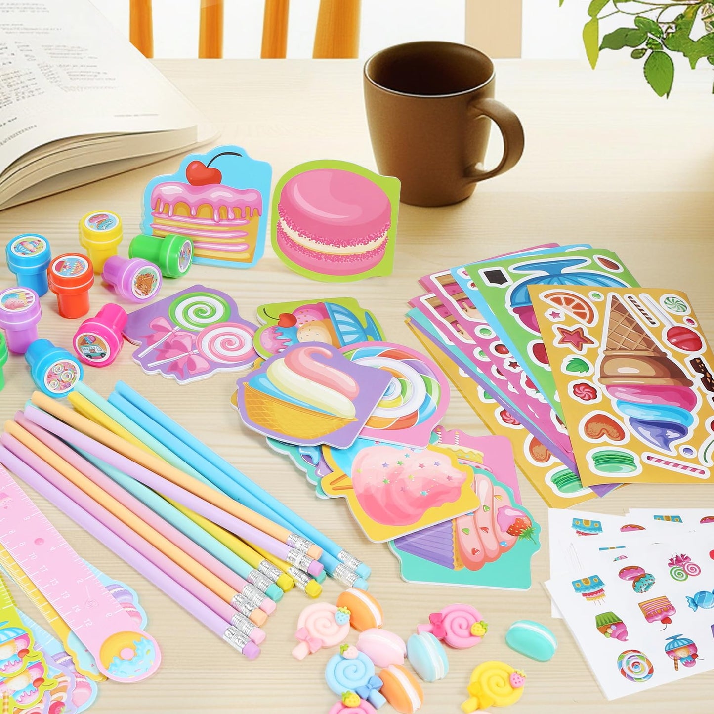 BenLouis 96Pcs Candyland Party Favors Ice Cream Donut Mini Notebook Stampers School Stationery Bulk for Kids Lollipop Sweet Trea