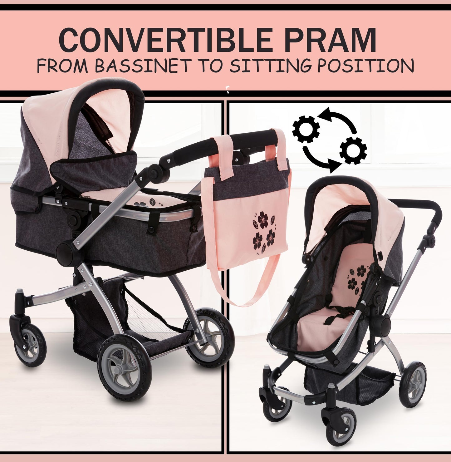 Dolls To Play Baby Doll Convertible Pram Stroller For Kids, Adjustable Handle Foldable Buggy Carriage With Canopy And Storage Ba