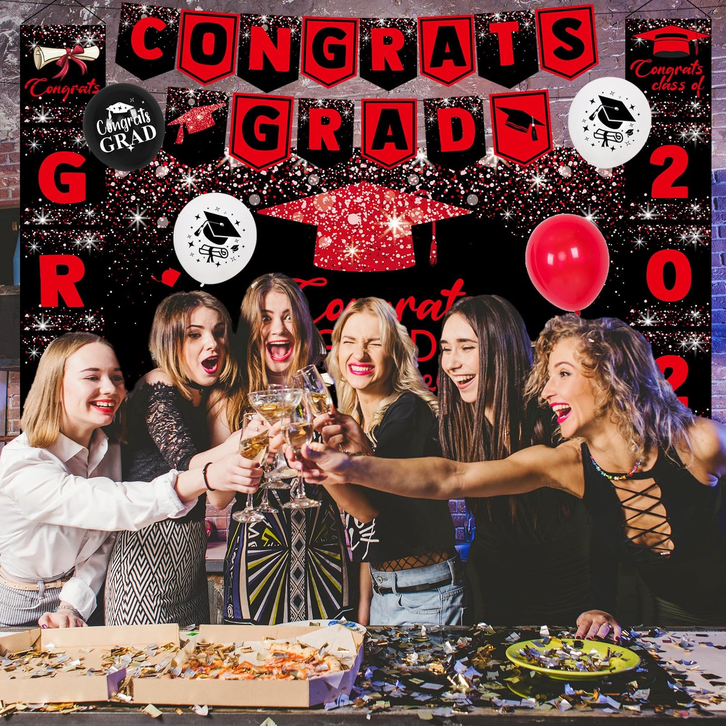 Graduation Decorations 2025, Red and Black Graduation Decorations Class of 2025 Congrats Grad Backdrop Tablecloths Banner Porch