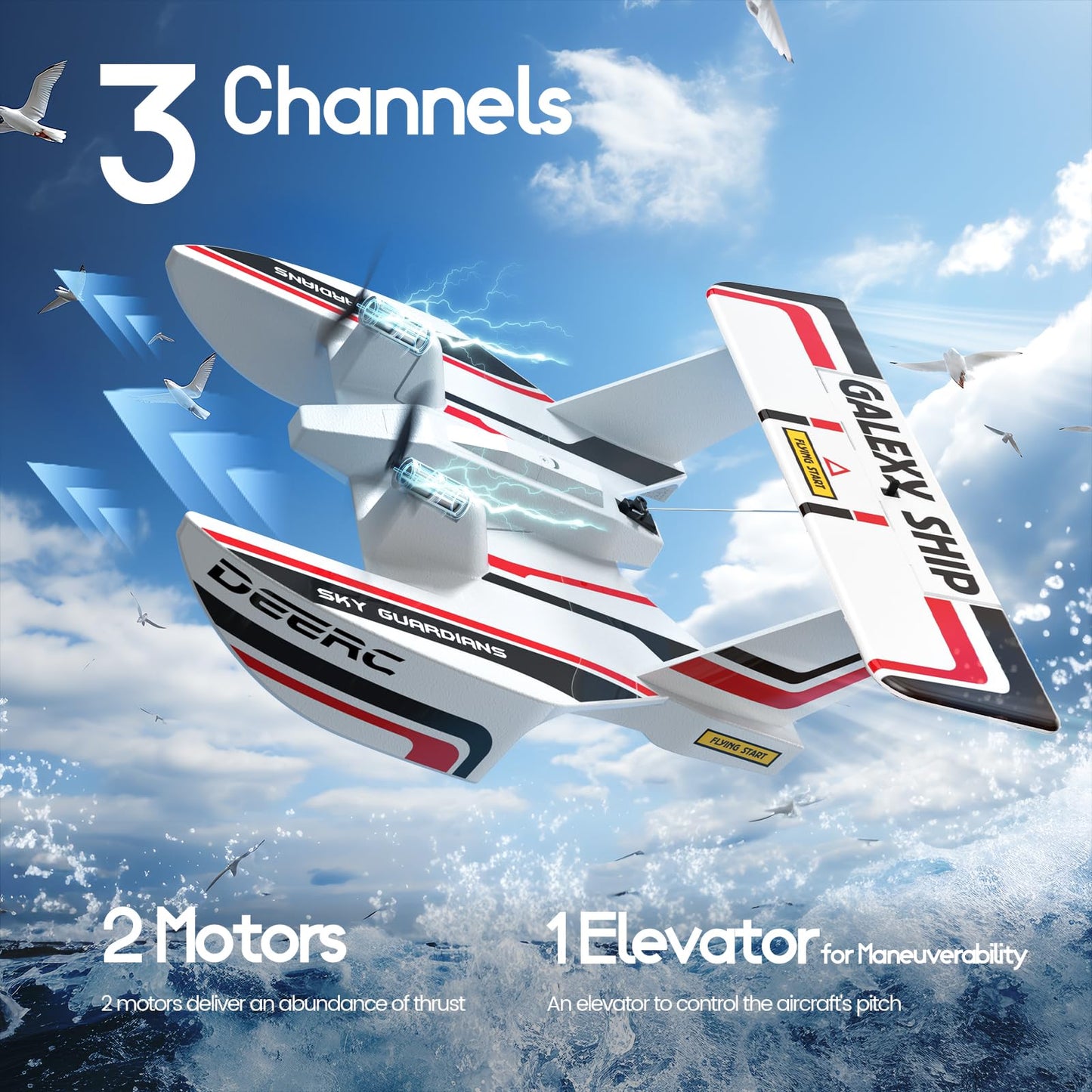 Deerc Rc Plane For Water Land & Air, Amphibious Tri-Phibian Aircraft, 3Ch Remote Control Plane W/ 2 Batteries, 2.4Ghz Rtf Airpla