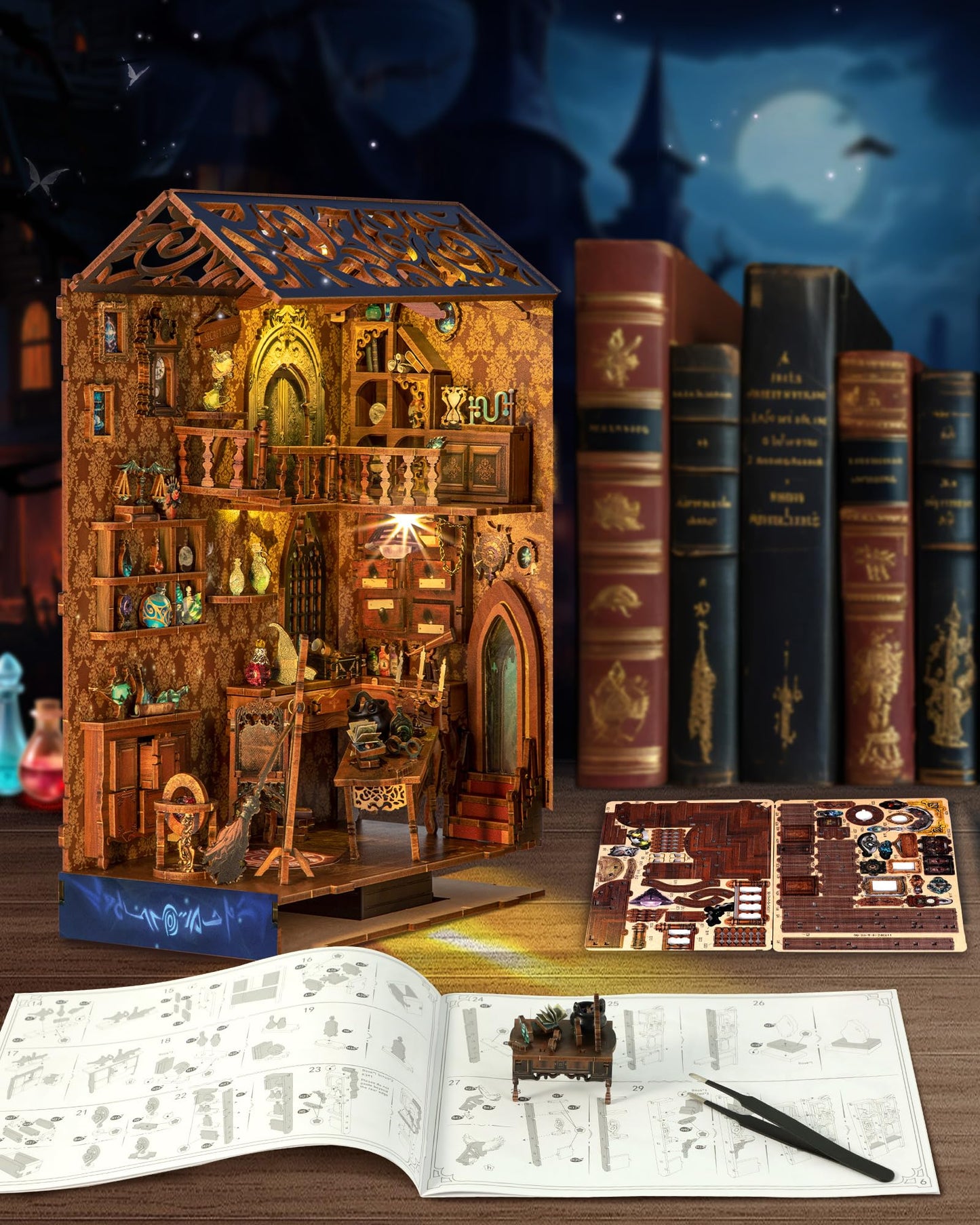 Quanquer Diy Book Nook Kit - Diy Dollhouse Booknook With Led Light - 3D Wooden Puzzle Miniature House Kits - Craft For Adults - Bookshelf Insert Decor - Gifts Family And Friends(Magic Laboratory)