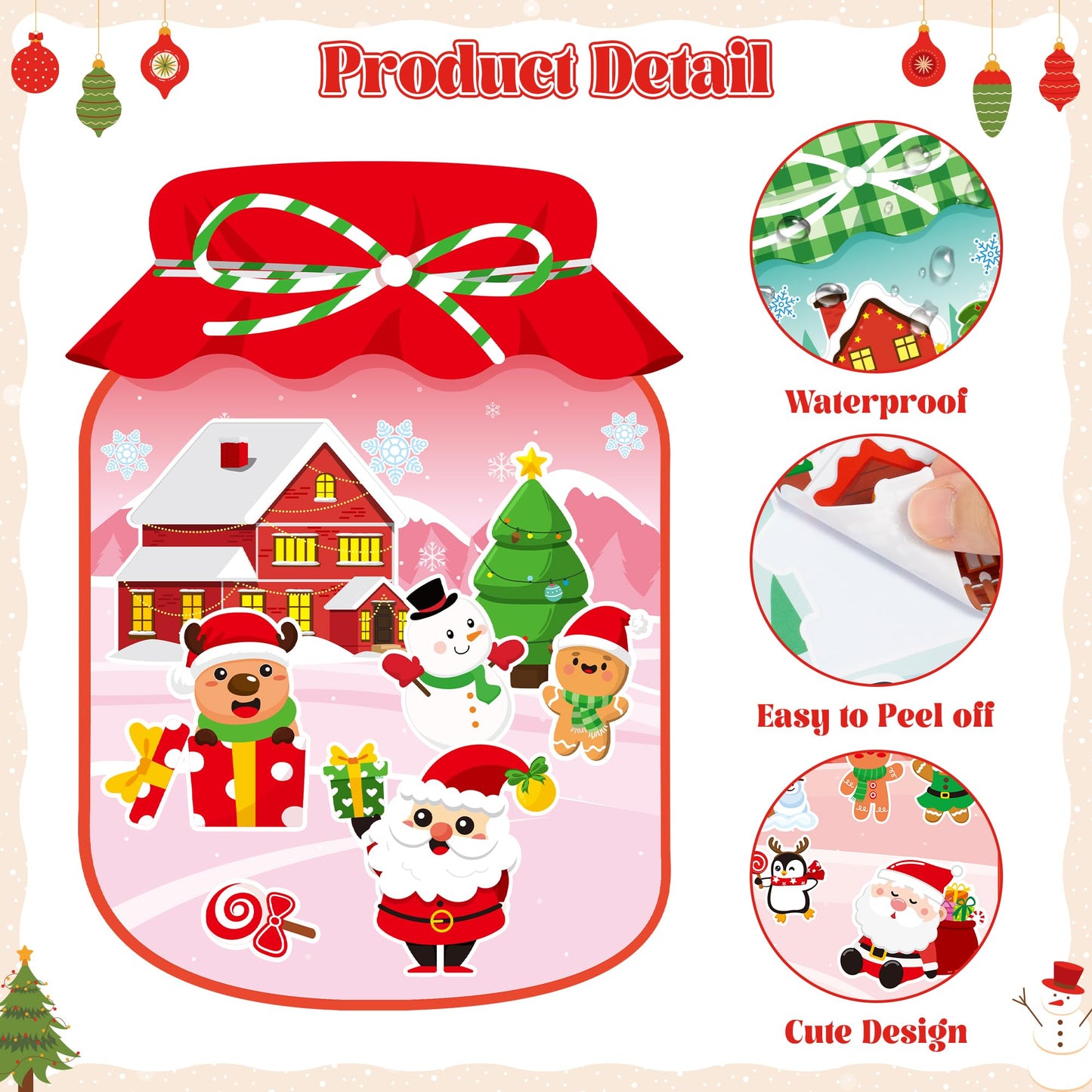 CY2SIDE Christmas Snowy Jar Scene Sticker - 12 Set Red and Green Winter Sticker Art Craft for Kids Holiday Project, Make a Snowy