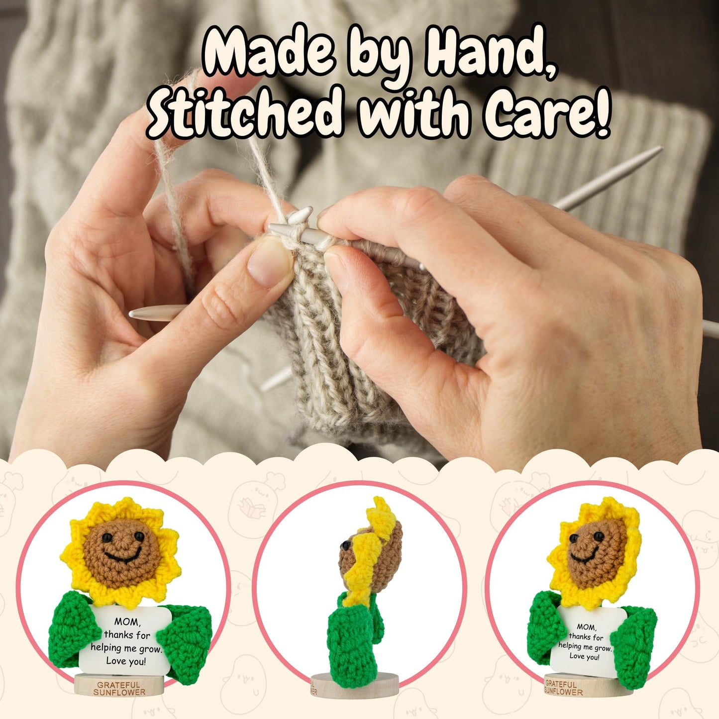 Gift for Mom for Birthday or Christmas - Handmade Positive Sunflower Crochet Holding a Cute Appreciation Card - Mom Birthday Gif