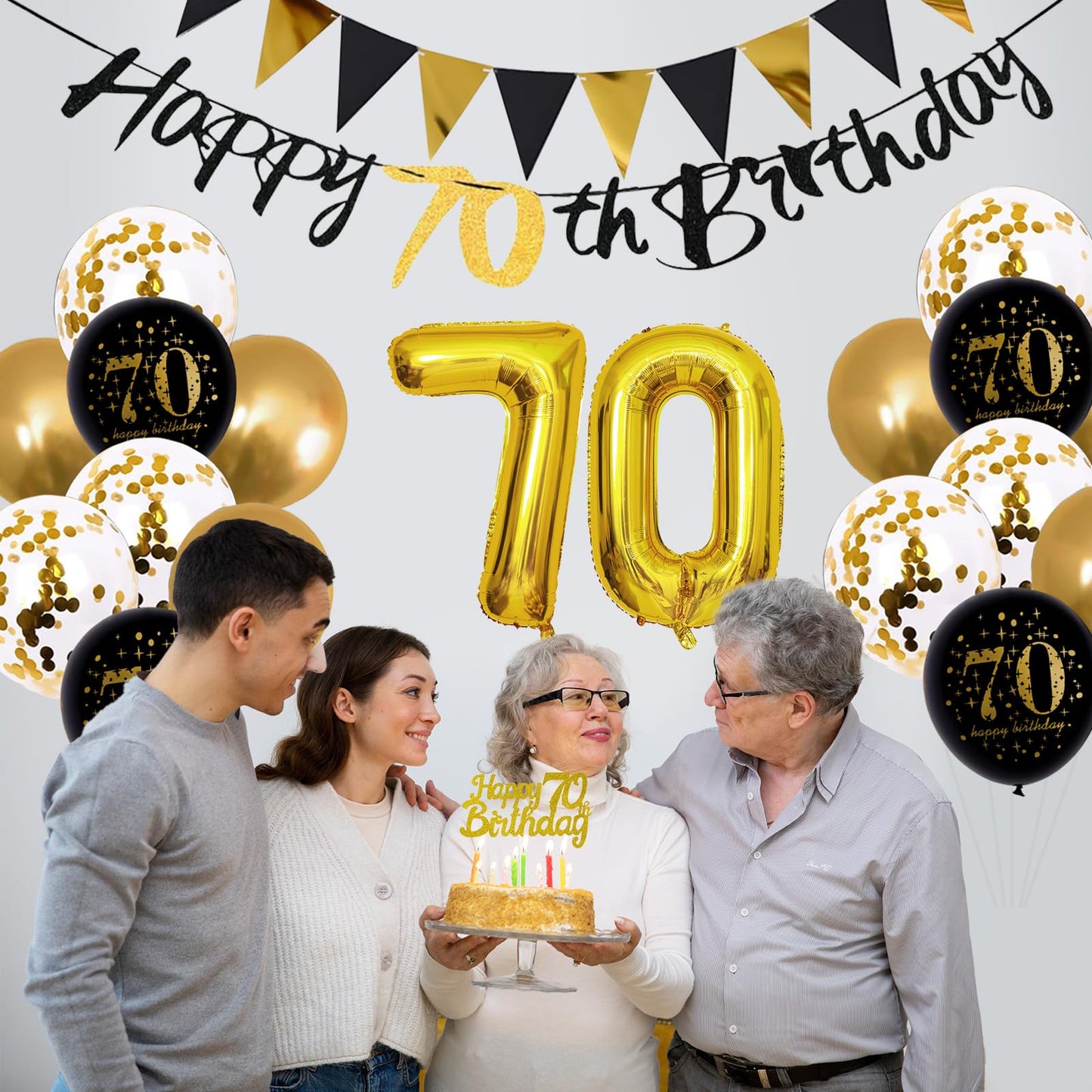 Jobkoo 70Th Birthday Decorations Men, Black Gold 70Th Birthday Party Decoration Women Golden Black 70Th Birthday Balloons 70Th C