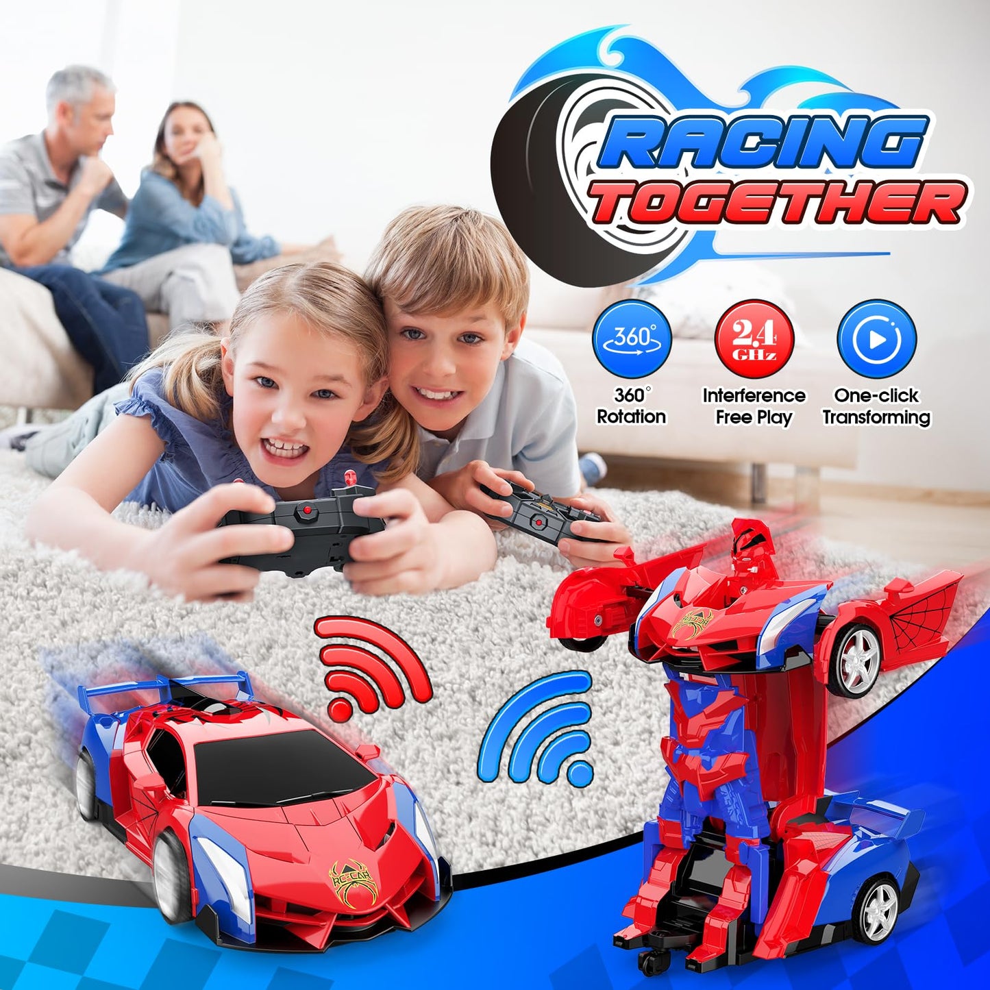 Excitobo Transform Remote Control Car, 1:18 Scale, 2.4GHz, ABS Material, 360° Rotation, Toys for Boys & Girls Age 3-12