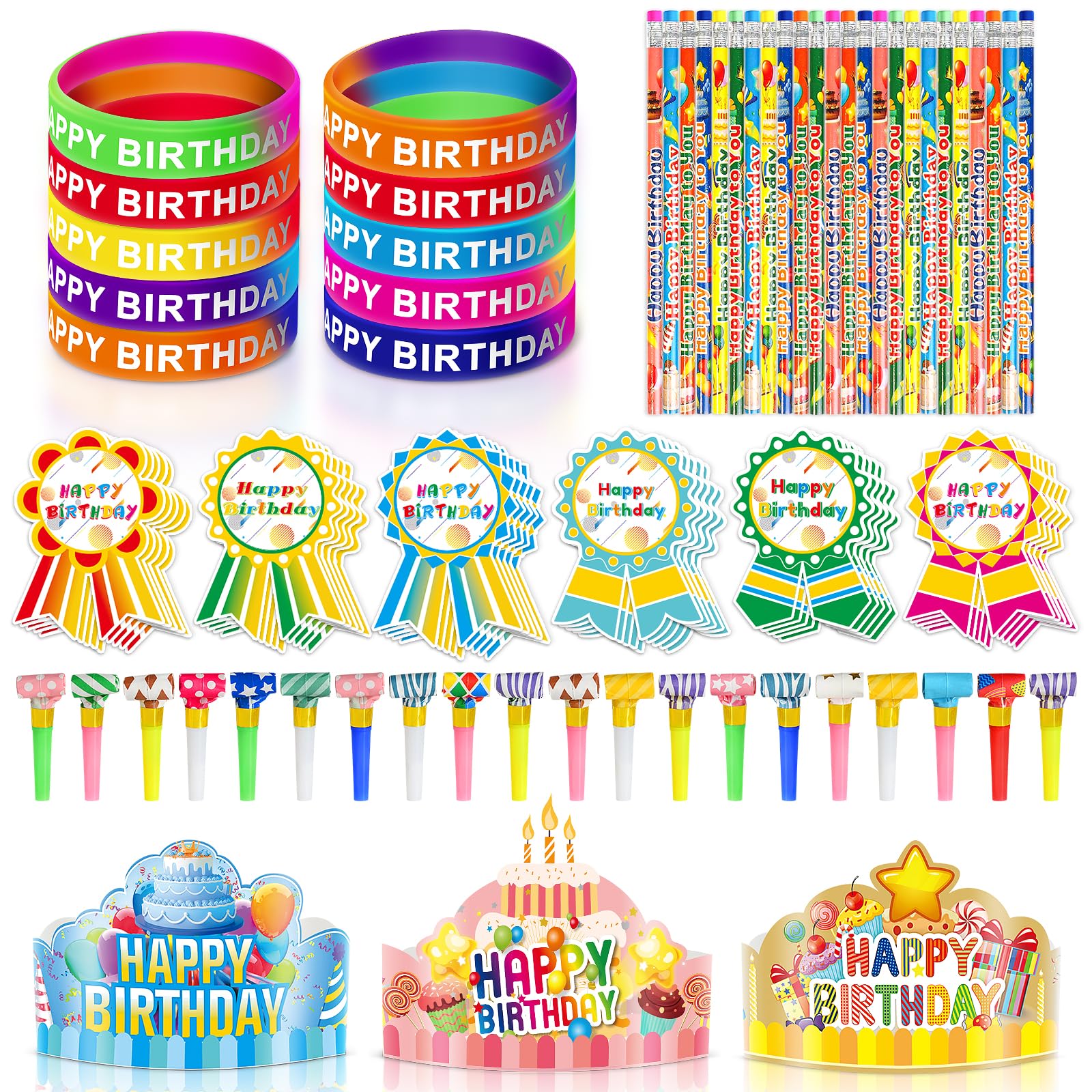 150 Pcs Happy Birthday Kits for Kids Classroom, Include Crowns, Silicone Stretches, Toy Whistles, Badge Stickers, Students Kinde