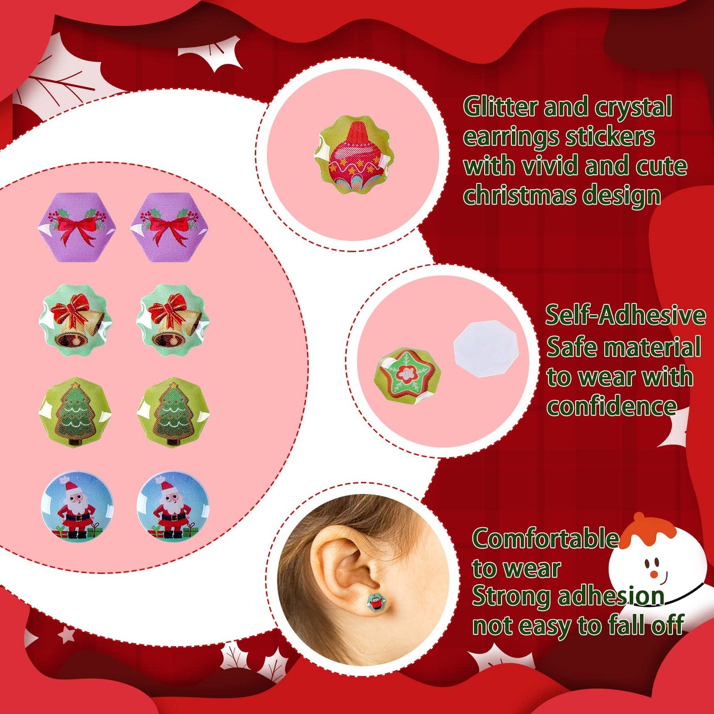 Augsun Christmas Stickers Earrings,240 Pieces Stick On Earring Christmas Stickers For Girls 3D Glitter Gems Stickers Self-Adhesi