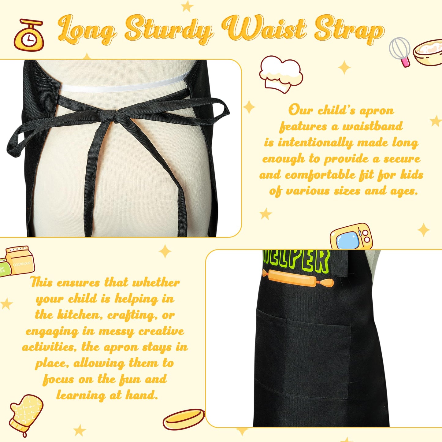 R HORSE 2Pcs Kid Apron and Chef Hat Set Adjustable Children Black Kitchen Apron Dress up Role Play Chef Toy Cooking Baking Paint