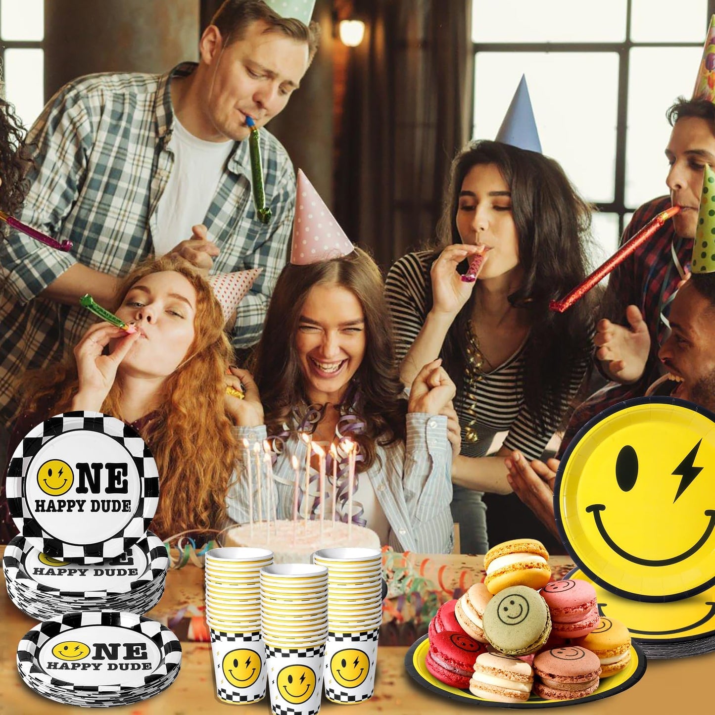 200Pcs One Happy Dude Birthday Plates Yellow Smile Face Party Plates One Happy Dude Paper Plates Cups Napkins Decor Disposable P