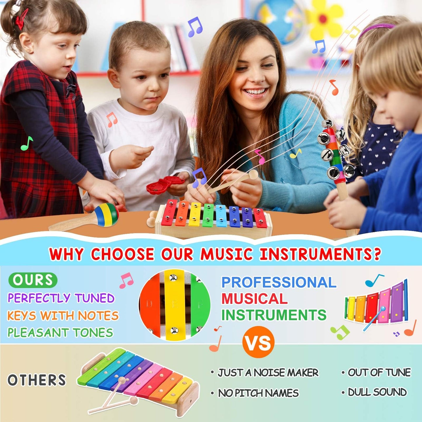 DIFFYBOX Kids Musical Instruments Montessori Baby Musical Toys for Toddlers 3-5 Wooden Percussion Instruments Toy for Preschool