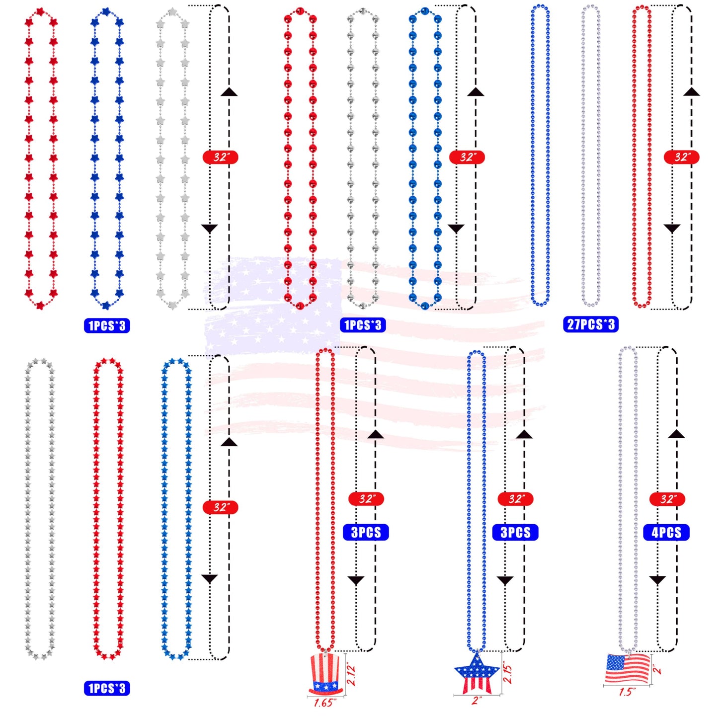 100Pcs 4Th Of July Accessories Necklaces: Blue White And Red Beads Bulk, Patriotic Party Independence Memorial Day Favors Toys D