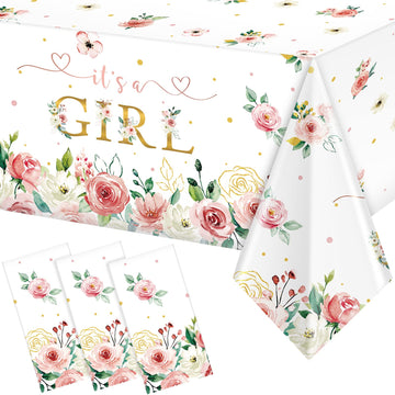 Pajean 3 Pack Floral Baby Shower Tablecloth Decoration It s a Girl Baby Shower Party Tablecloths Pink Flowers Table Cover for K