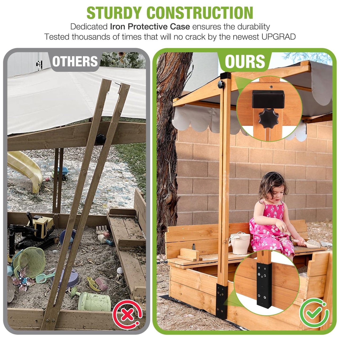 Gutinneen Sandbox With Lid And Cover For Kids Outdoor With 2 Foldable Bench Seats, Adjustable Canopy And Sand Protection Liner,