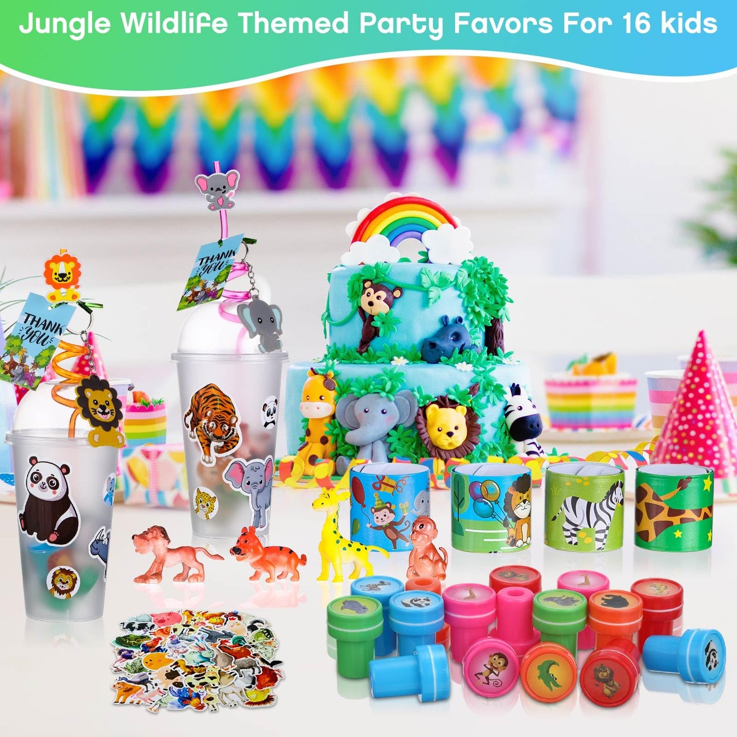 Poen 212 Pcs Jungle Party Favors Set Include Cup Straw Stamp Clap Bracelet Keychain Ring Puzzle Sticker Animal Miniature Card fo