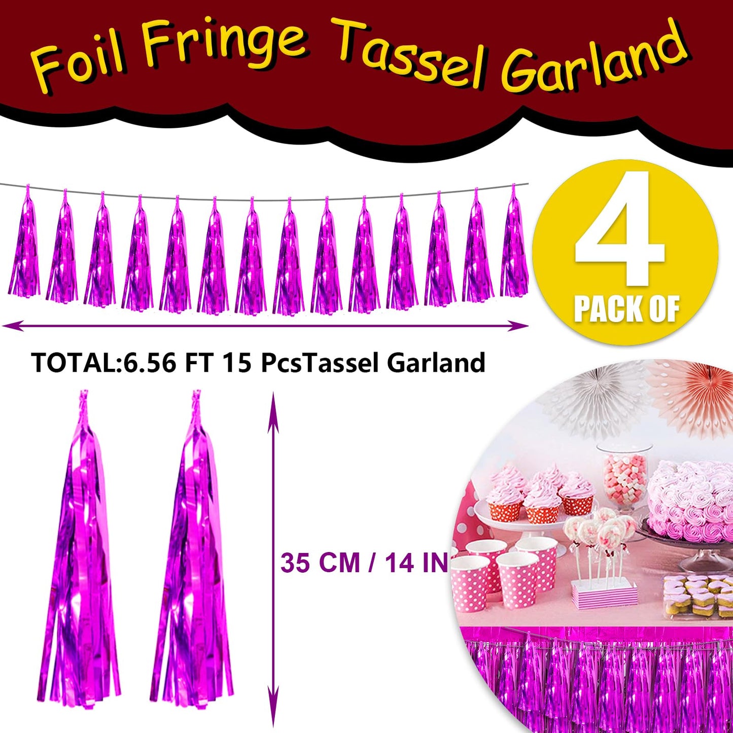 4P Hot Pink Foil Fringe Tassel Banner Garland Metallic Tinsel Streamers Wall Hanging Curtain Backdrop Banners for Parade Floats,