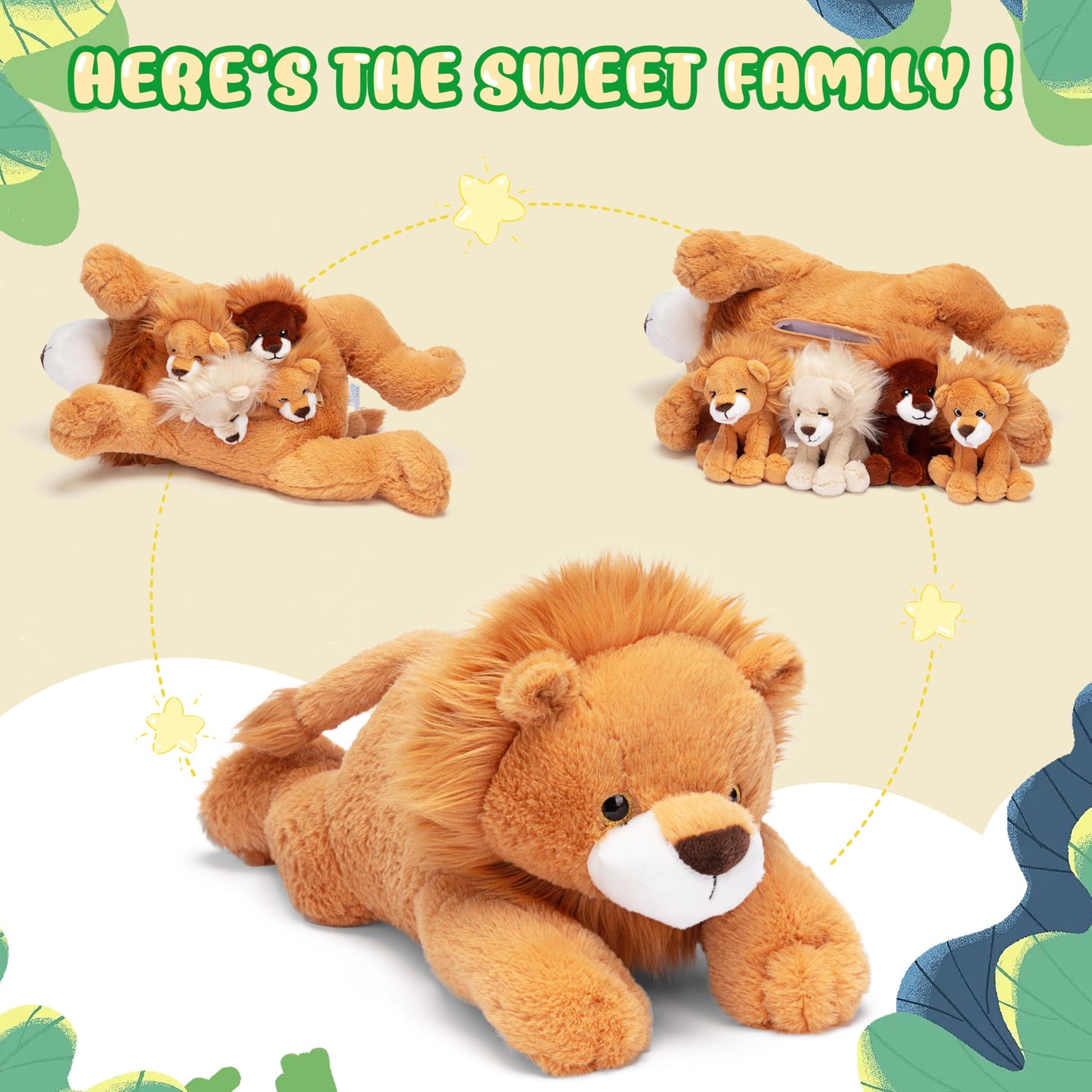 IKASA Lion Plush Toy Set - 17" Soft Mama & Baby Stuffed Animals, Cute Cuddly Polyester Gifts for Kids