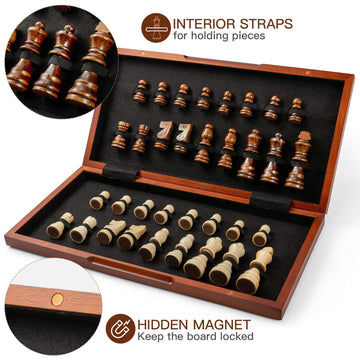 Fanvince Chess Set 15' Wooden Board Game - Wood Sets With 2 Storage Bags And 2 Extra Queens - Gifts Box For Men Dad