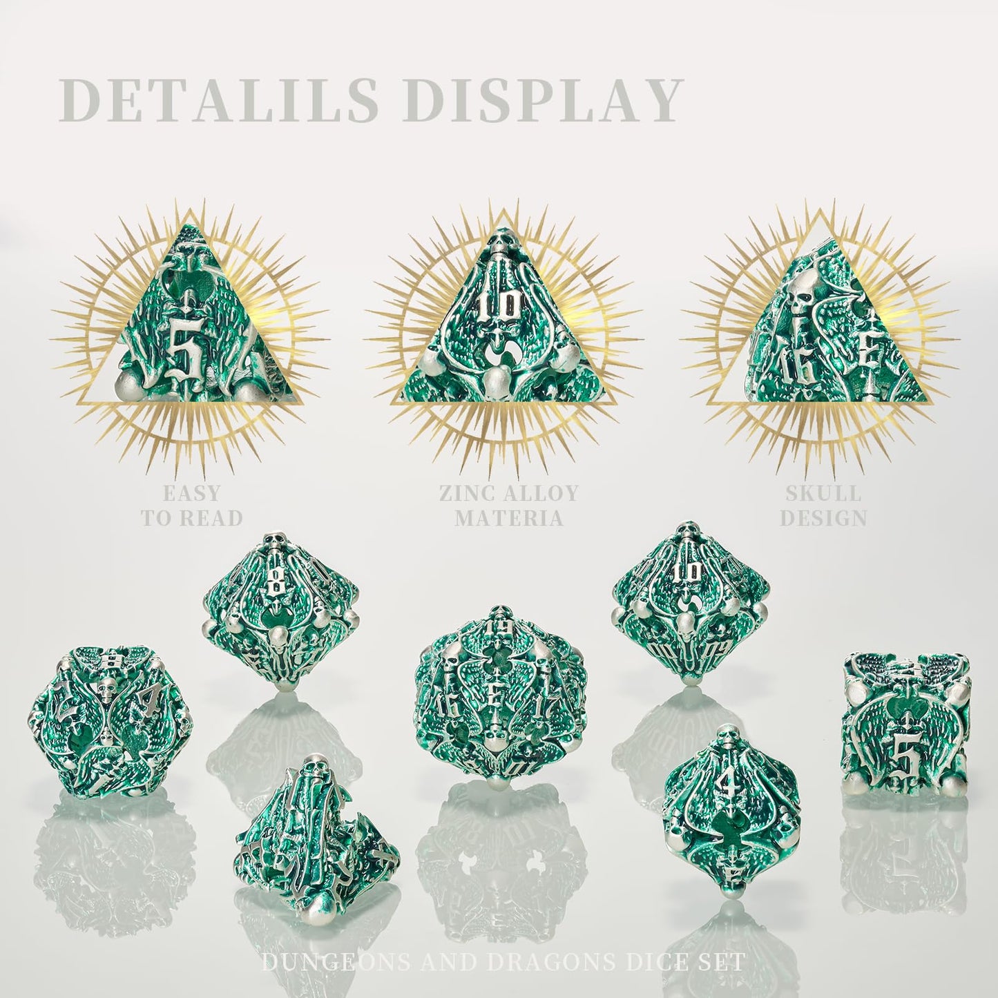DND Dice,HNCCESG Hollow Metal Set 7 Pcs for Dungeons and Dragon,D and D GIFS of Tabletop Game (Matte Green White Skull)