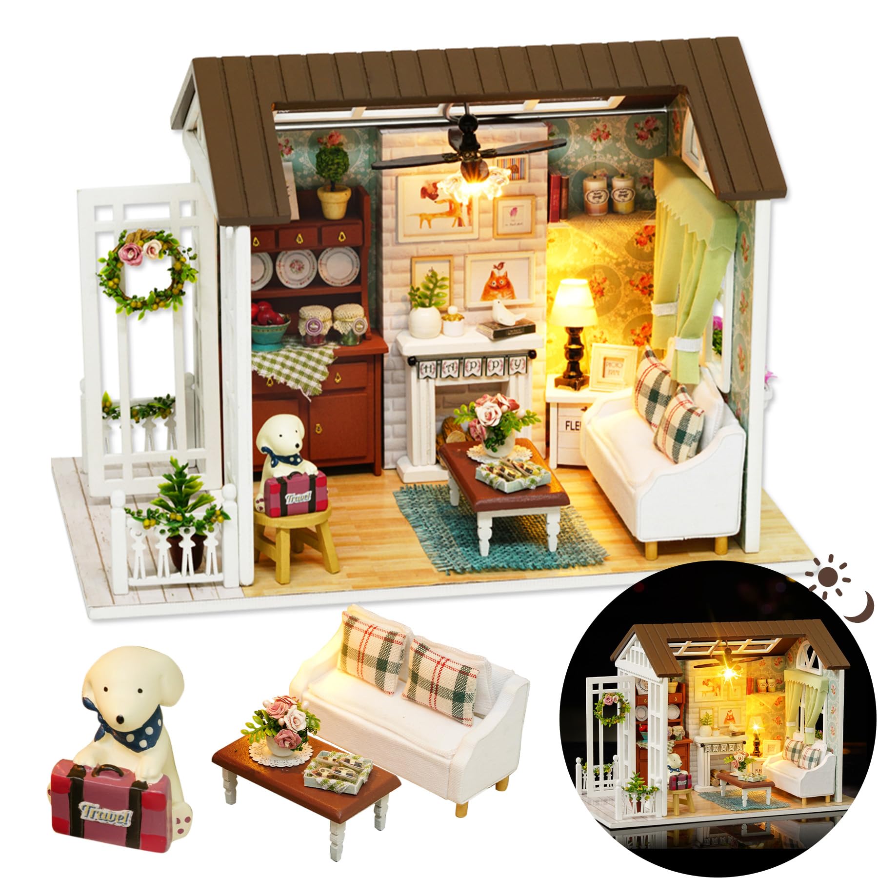 DIY Miniature House Kit  DIY Dollhouse Kit for mature-themeds to Build  Mini House Kit with LED  Mayberry Street Miniatures  Ideal Gifts for Birthday  Valentine Christmas(Happy Times)