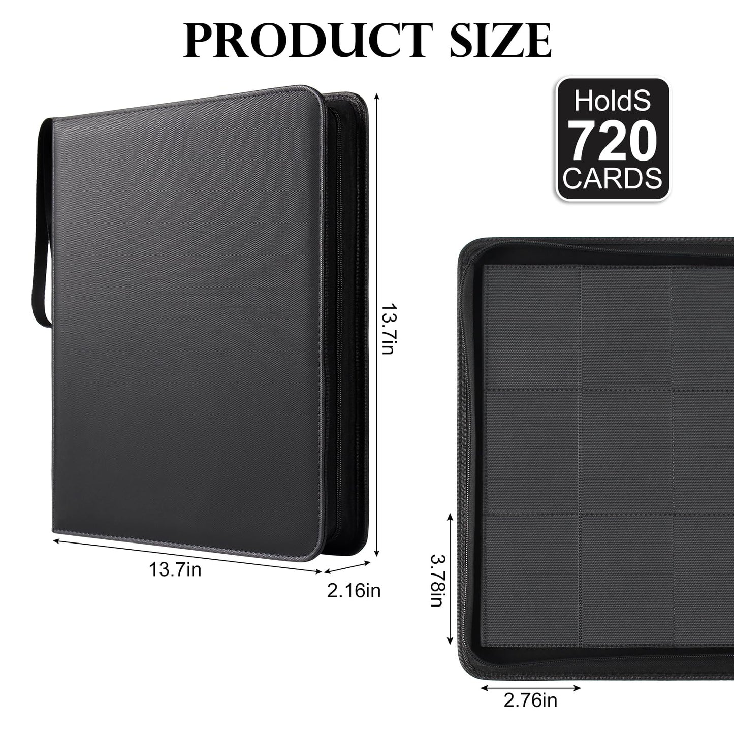 GEAoffice Trading Card Binder 12 Pocket Hold 720 Cards  enhanced PU Cover Zipper Collection Binder  Ringless Sturdy Side Loading Card Album Folder for YuGiOh  MTG  TCG  Game & Sports  Non-PVC  Black