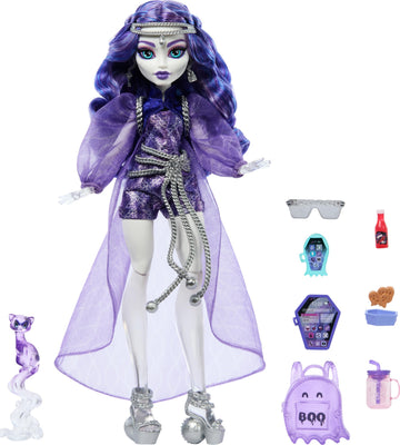 Monster High Spectra Vondergeist Doll with Ferret Rhuen, Accessories, Purple, Model HXH77