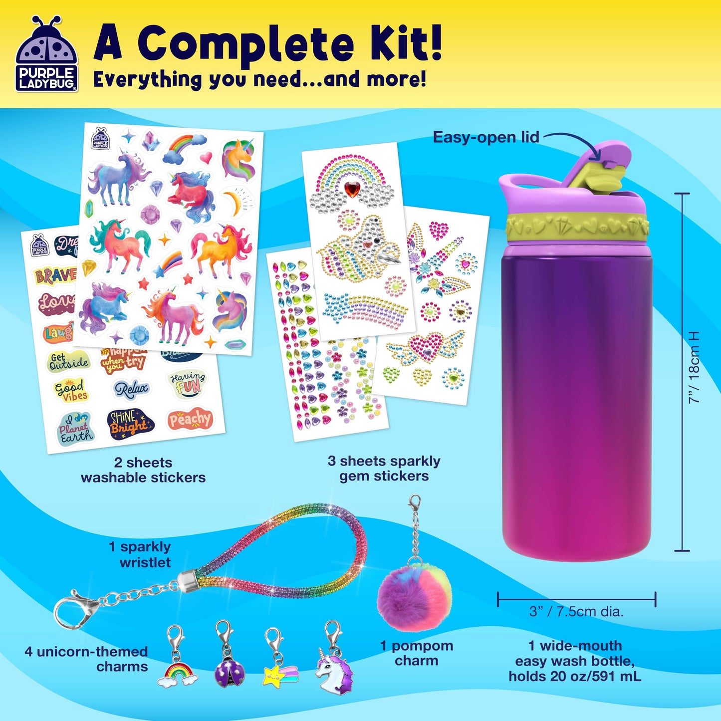 PURPLE LADYBUG Decorate Your Own Water Bottle Kit - Unicorn Color, Metal, Ages 5-10, Perfect for Easter Basket Gifts