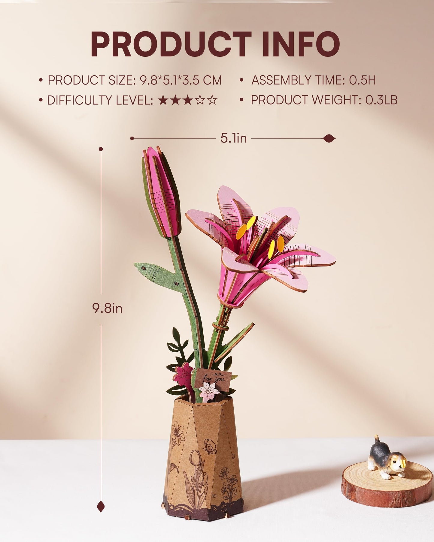 Wowood 3D Flower Wooden Puzzles For Adults-Pink Lily, Diy Wooden Flowers Model Kit Building Set Crafts For Adults To Build, Bota