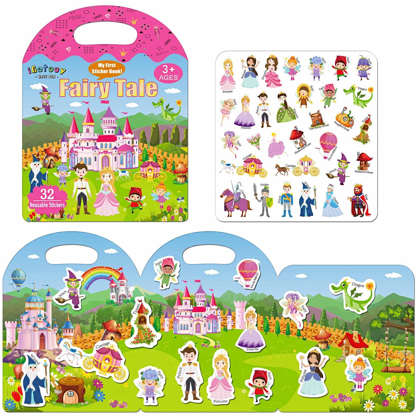 iGetooy Reusable Sticker Books for Toddlers, PVC Fairy Tale Stickers, Travel Toys, Ideal for Ages 1-4, Model KT003-8