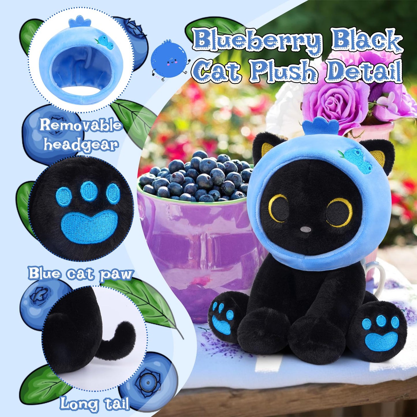 Hagusahuo Black Cat Plush 8inch Blueberry Cat Stuffed Animals for Kids Cartoon Cats Plush  Cute Kitten Stuffy Gift for Kids Girl Boys Toddler Birthday