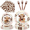 Highland Cow Party Supplies Tableware - 96 Pcs Brown Cow Tableware Disposable Plates Napkins Forks Sets For 24 Guests, Highland