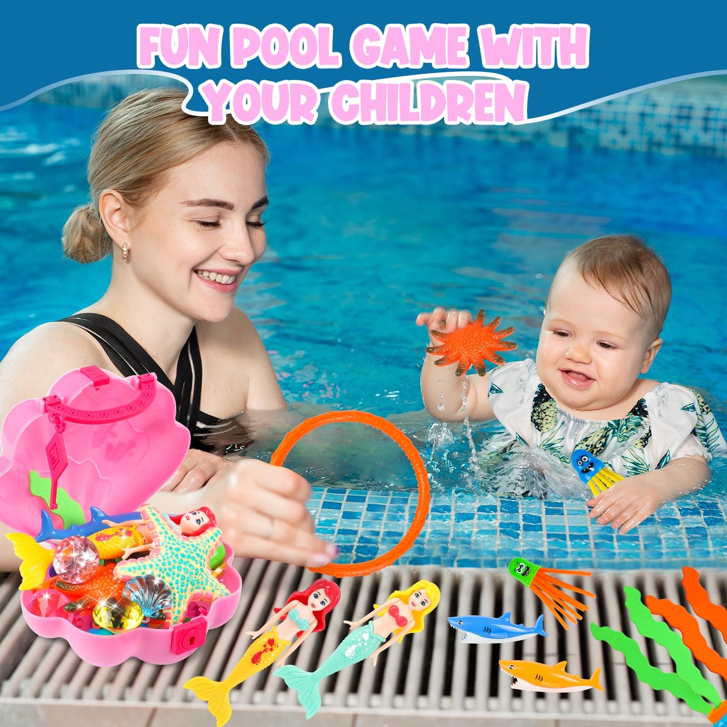 Huuidy Pool Toys, Swim Diving Toys For Kids Set With Upgraded Shell Treasure Chest, Pool Mermaid With Storage Bag Pool Game Summ