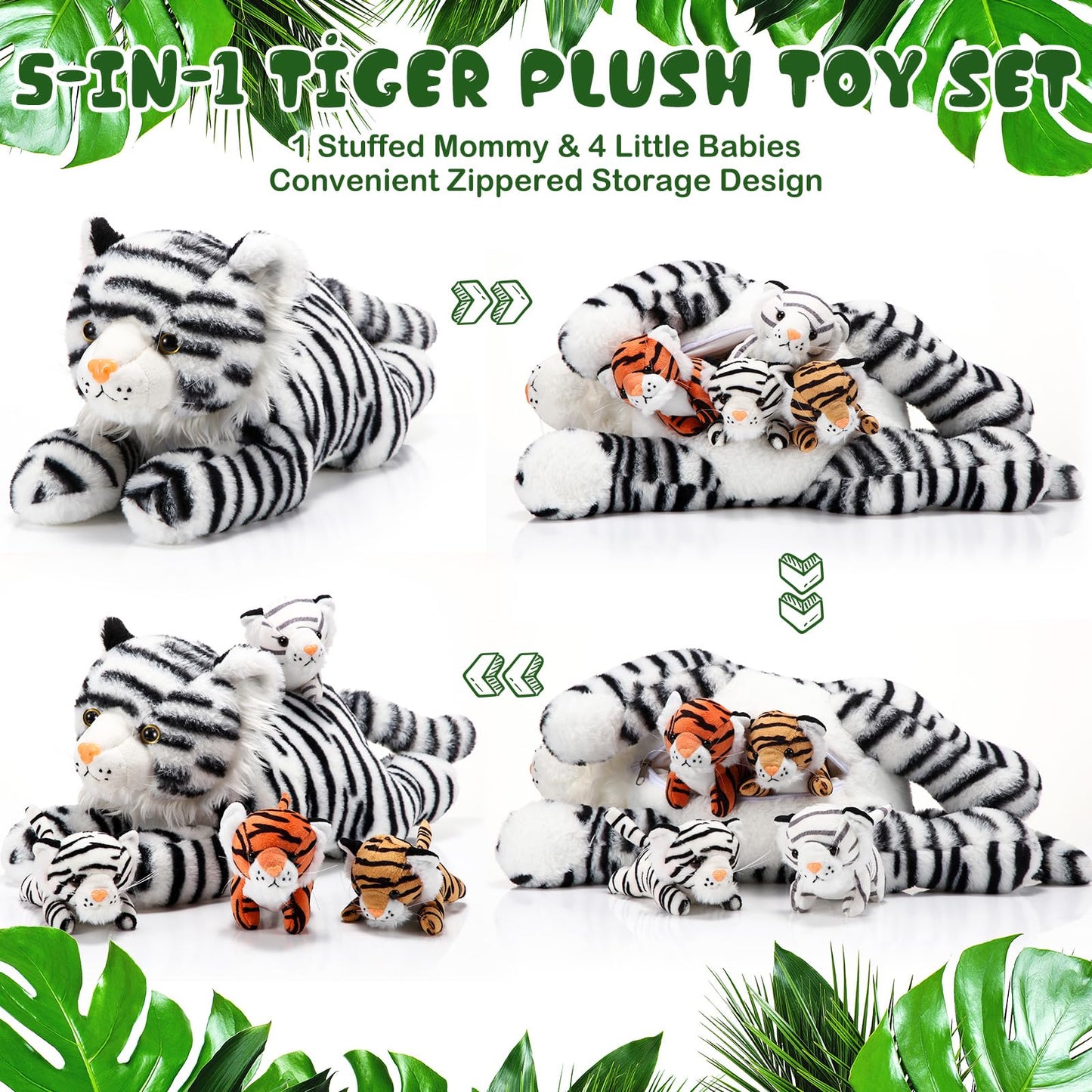 Threan 5 Pcs Tiger Stuffed Animals Plush Toy Set 16 Inch Stuffed Mommy Tiger With 4 Baby Cubs In Zippered Belly Cuddly Plushies For Kids Boys Girls Easter Forest Birthday Gifts Party Favor(Lovely)