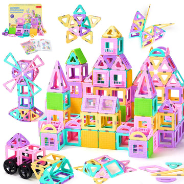 102 Pcs Magnetic Tiles Set, Magnet Building Blocks Set With Car For Kids Ages 3+, Stem Educational Montessori Learning Construct