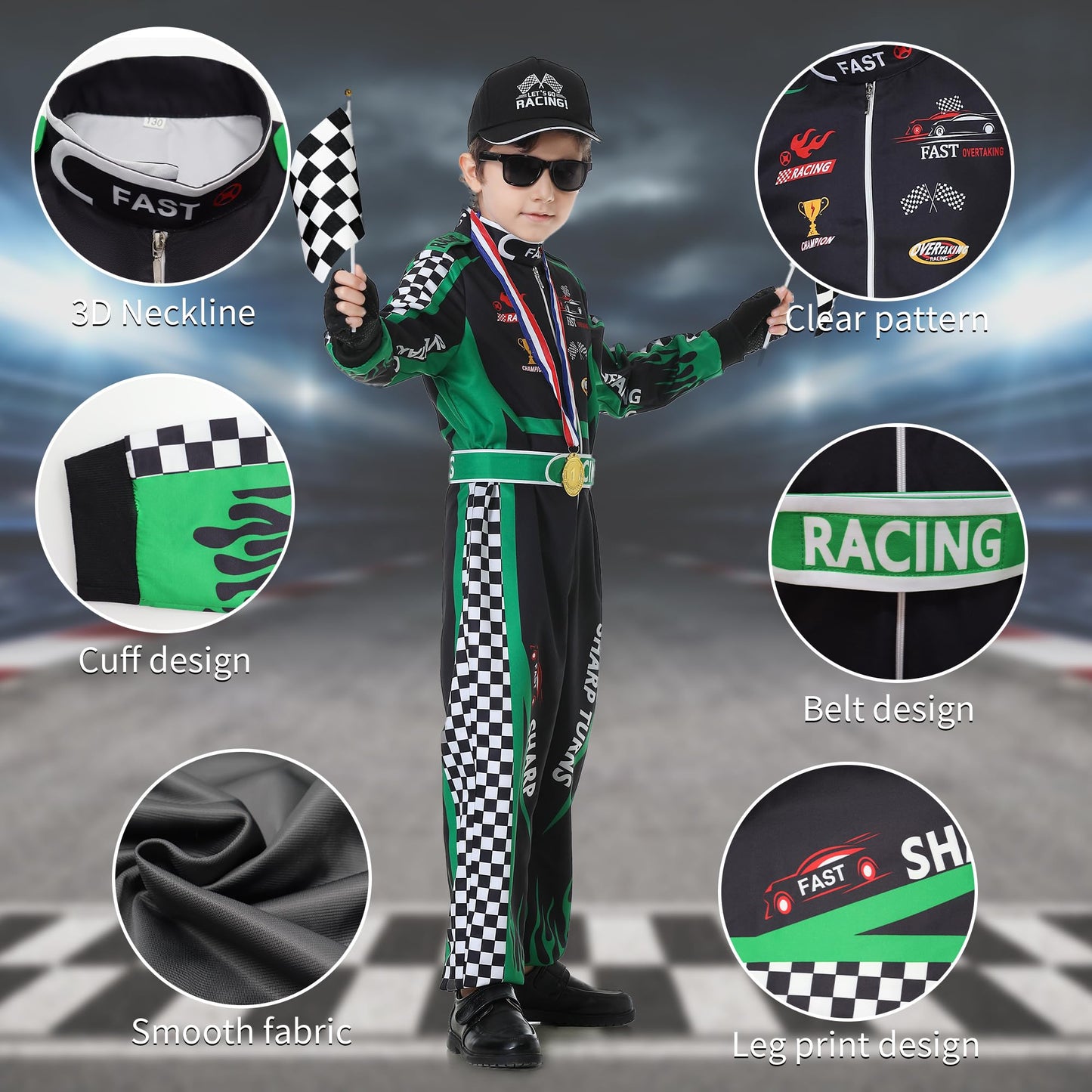 Race Car Driver Costume Boys Racing Suit Kids Racer Jumpsuit Set with Cap Medals Glasses Gloves for Halloween Black