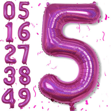 5 Balloons Number Laser Hot Pink, 40 Inch Mylar Number 5 Balloons Self Inflating For Women Anniversary Decor, Giant Foil Helium
