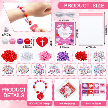 48 Pack Christian Valentines Crafts Gift, 24 Religious Valentine Cards, 24 Set Heart Beaded Bracelets with God's Love for Sunday