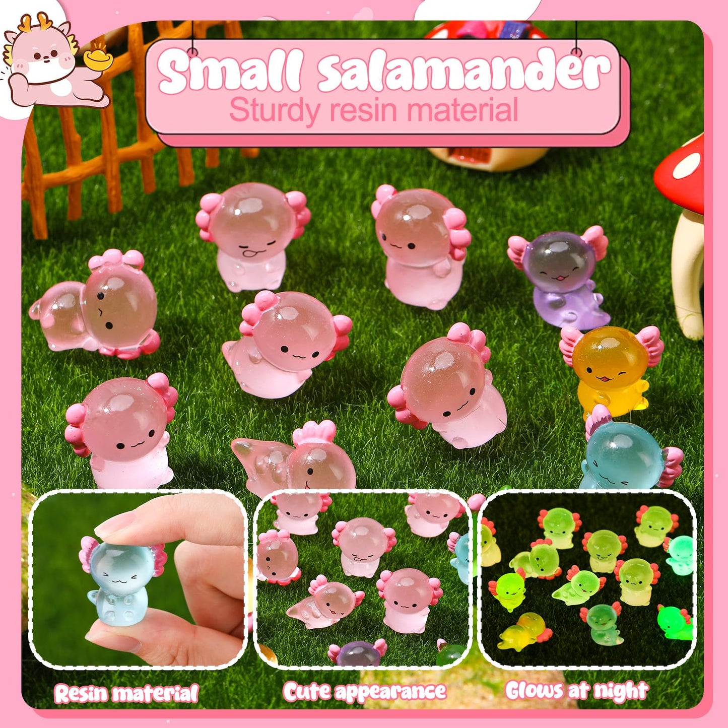GGSTDDUP 36 Pcs Luminous Mini Resin Axolotls  Tiny Axolotl Miniature Figures Glow in The Dark Axolotl Charm Ornament for DIY Fairy Garden Dollhouse Landscape Aquarium (12 Styles)