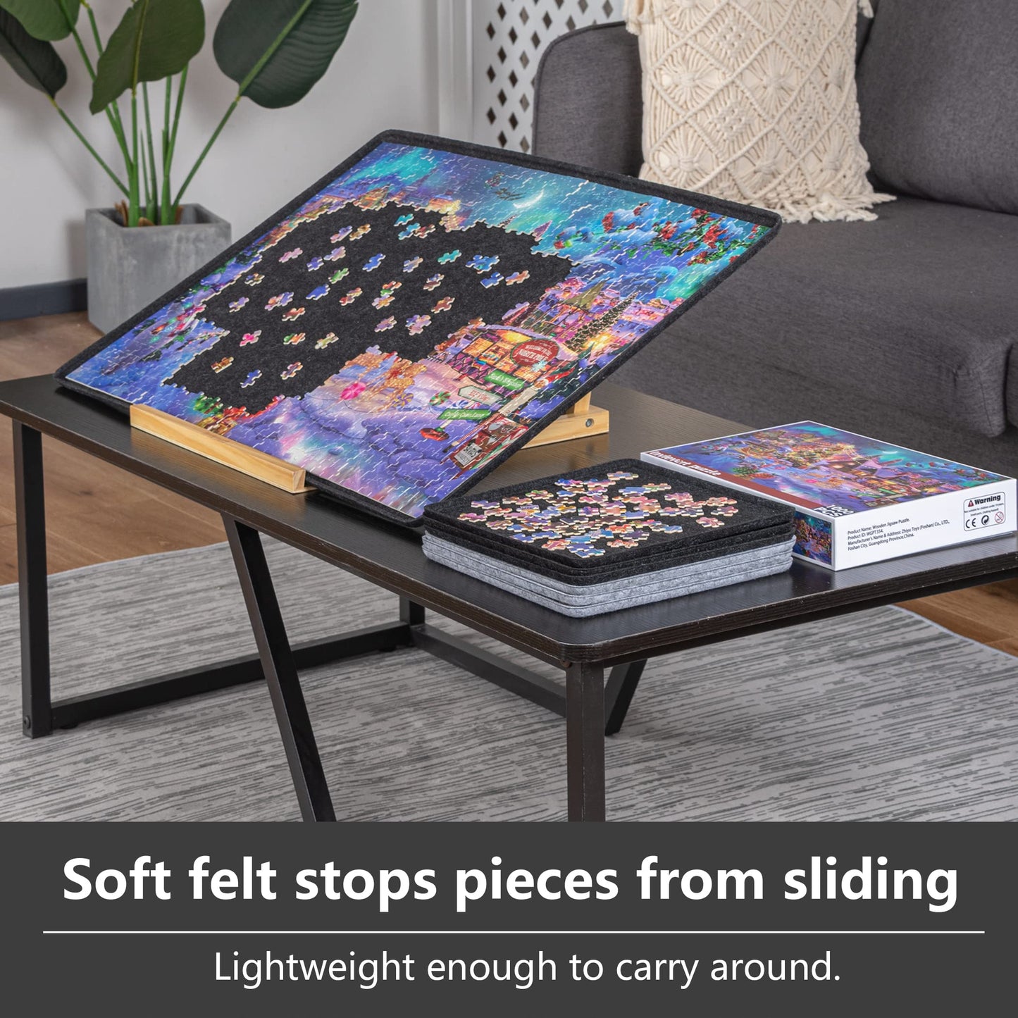 LAVIEVERT Jigsaw Puzzle Board - Portable Felt Mat with 6 Sorting Trays, Non-Slip Surface, 29.92 x 20.08 inches, Black, for Up to