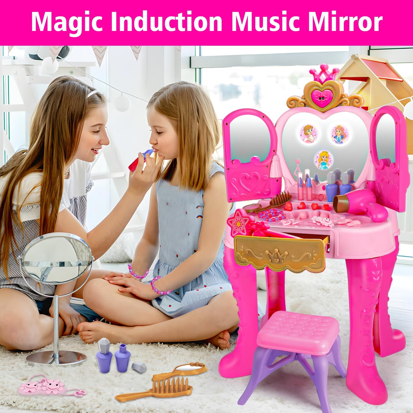 Toddler Vanity Magic Makeup Set Table And Chair Girl Toys Automatically Mirror With Music Light Pink Girls Toys 2 3 4 5 Year Old