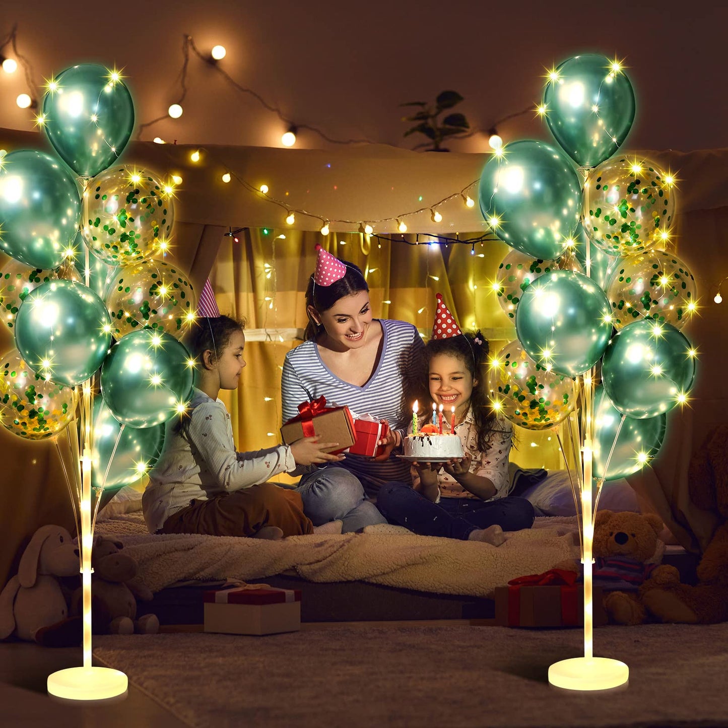 2 Sets Floor Balloon Column Stand Kit With Led Lights 40 Pcs Balloons, Balloon Holder Centerpieces Balloon Tower Stand For Baby Shower Birthday Bridal Wedding Party (Green)
