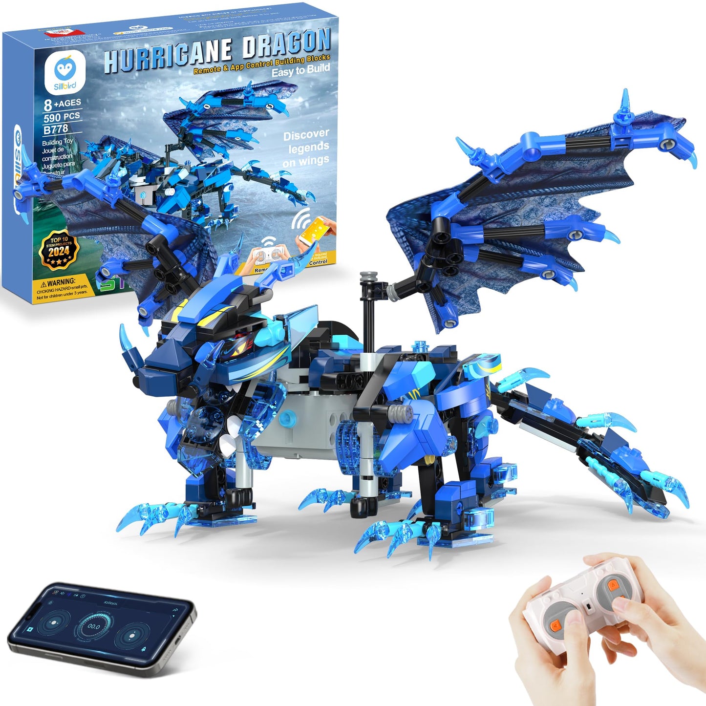 Sillbird Dragon Building Kit - Remote Control STEM Toy for Kids, 549 Pieces, Blue, Ages 8-12, Plastic Construction