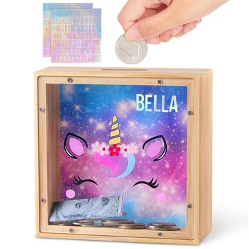 Piggy Bank For Kids, Wooden Money Coin Bank For Boys And Girls, Dinosaur Unicorn Piggy Banks With Diy Stickers For Birthday, Easter Gifts (Purple Blue)