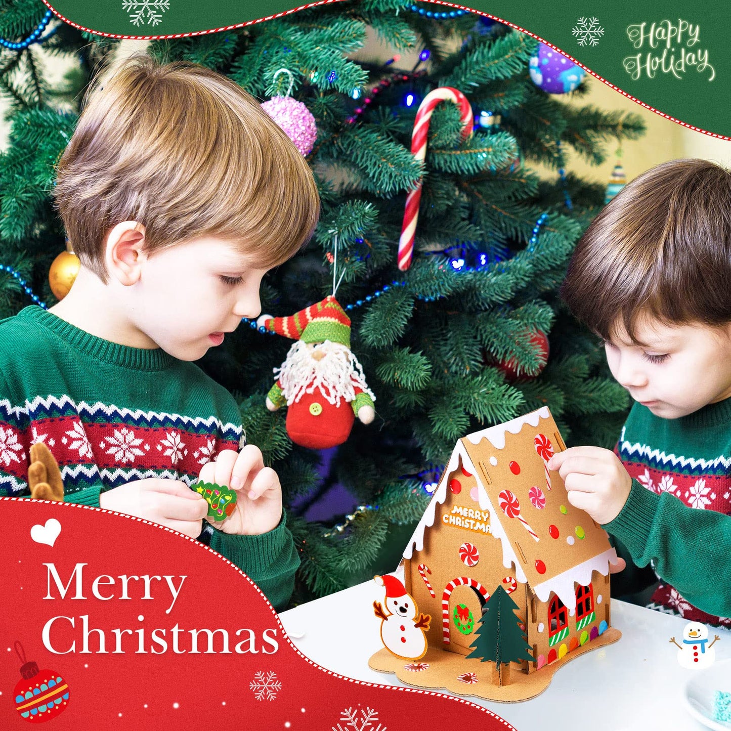 Sumind 3 Sets Christmas Gingerbread House Kit Small Xmas DIY Craft Kit Mini Christmas Cardboard Make-a-Gingerbread House Craft f