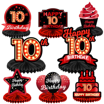Happy 10Th Birthday Red And Black Table Honeycomb Centerpieces Balloons Theme Decor Table Decorations Table Toppers For Girls Women Princess 10 Years Old Birthday Party Bday Supplies Background Gold