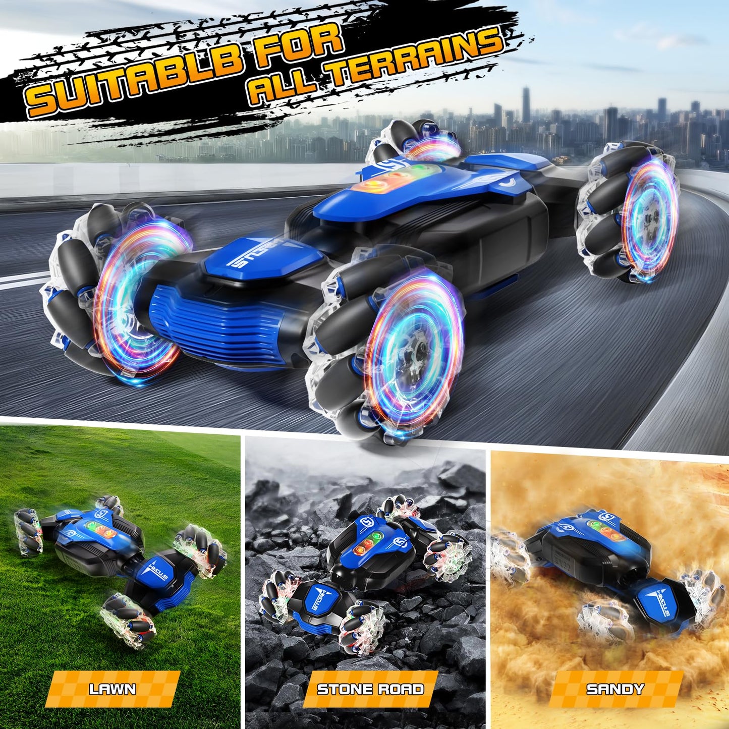 Aiqi Remote Control Car,2.4GHz 4WD Gesture Sensing RC Stunt Car with Cool Music and Light,Double-Sided Rotating 360 Flips Car To