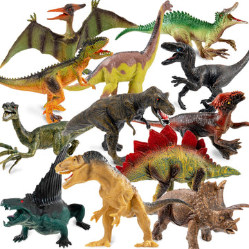 OuMuaMua Dinosaur Toys Set - 12 Realistic Plastic Figures (T-Rex, Stegosaurus) - 6-7 Inch Size - Gray - Model THD002