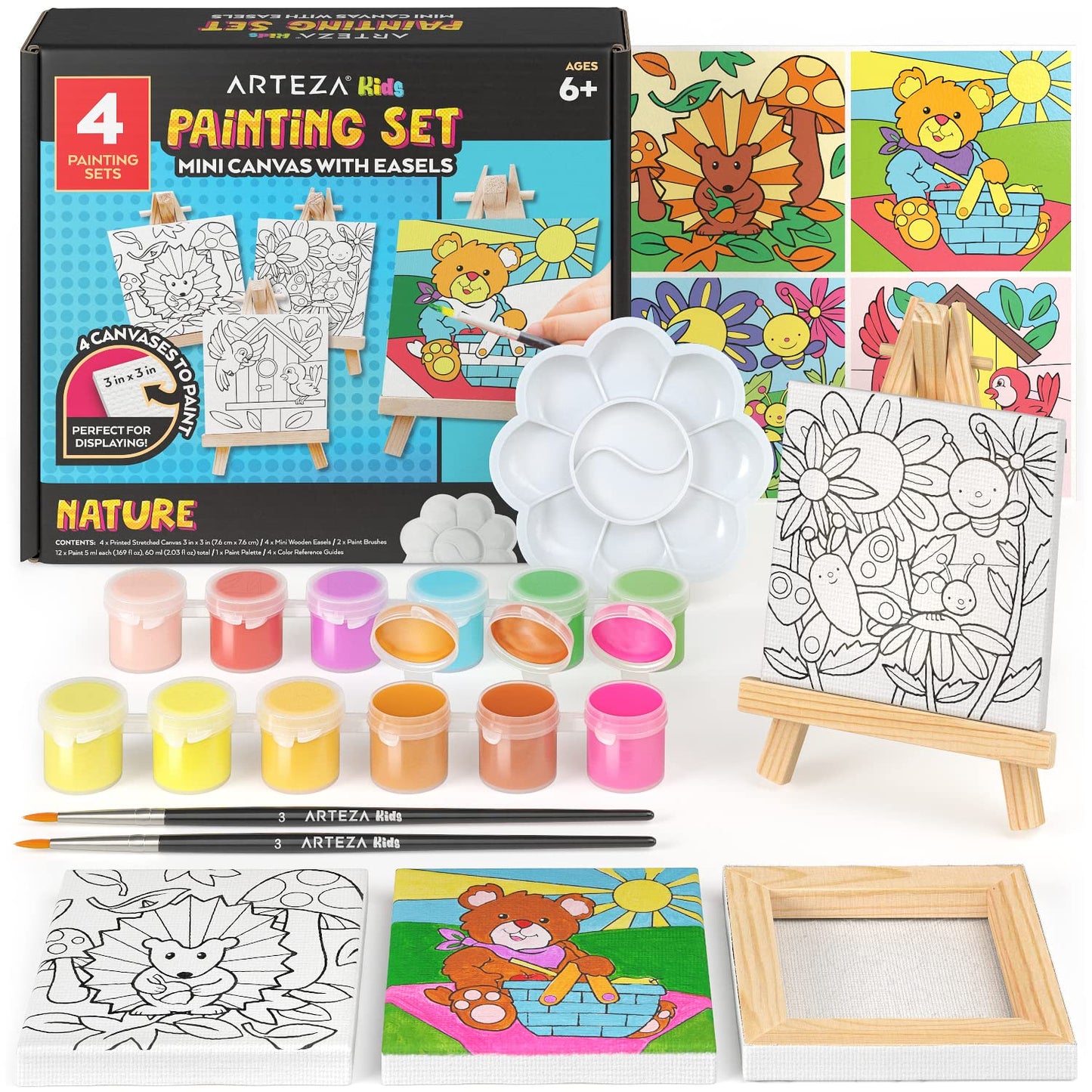 Arteza Kids Nature Painting Kit, 4 Canvases 3 X 3 Inches, 4 Easels, 12 Acrylic Paints, 2 Paint Brushes, 1 Palette, Kids Activities For Ages 6 And Up