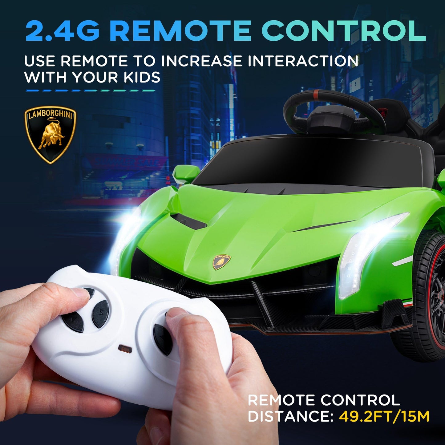 Aosom Lamborghini Veneno Licensed Kids Electric Car With Bluetooth, 12V Ride On Car With Butterfly Doors, Remote Control, Portable Battery, Suspension System, Horn, Songs, Lights, Green