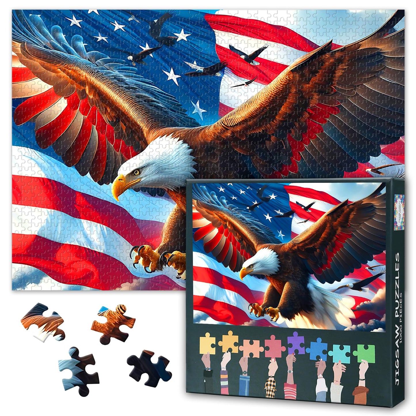 1000 Pieces Patriotic Theme US American Flag Puzzles A Majestic Bald Eagle is Soaring in The Sky Picture Puzzle Power and Freedo